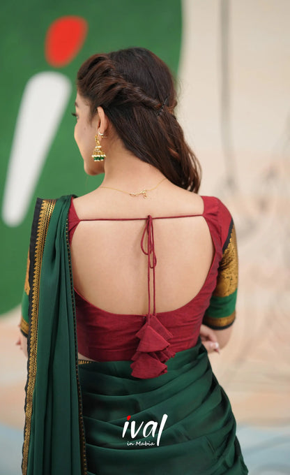 Padmaja Cotton Half Saree - Reddish maroon and Bottle green - Half Sarees