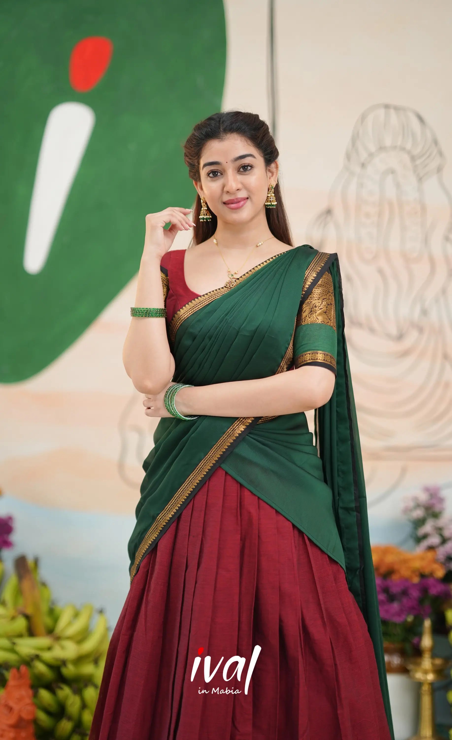 Padmaja Cotton Half Saree - Reddish maroon and Bottle green - Half Sarees