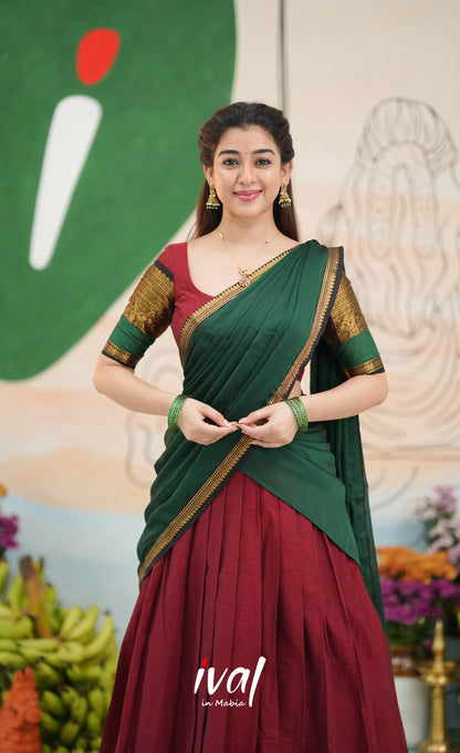 Padmaja Cotton Half Saree - Reddish maroon and Bottle green - Half Sarees