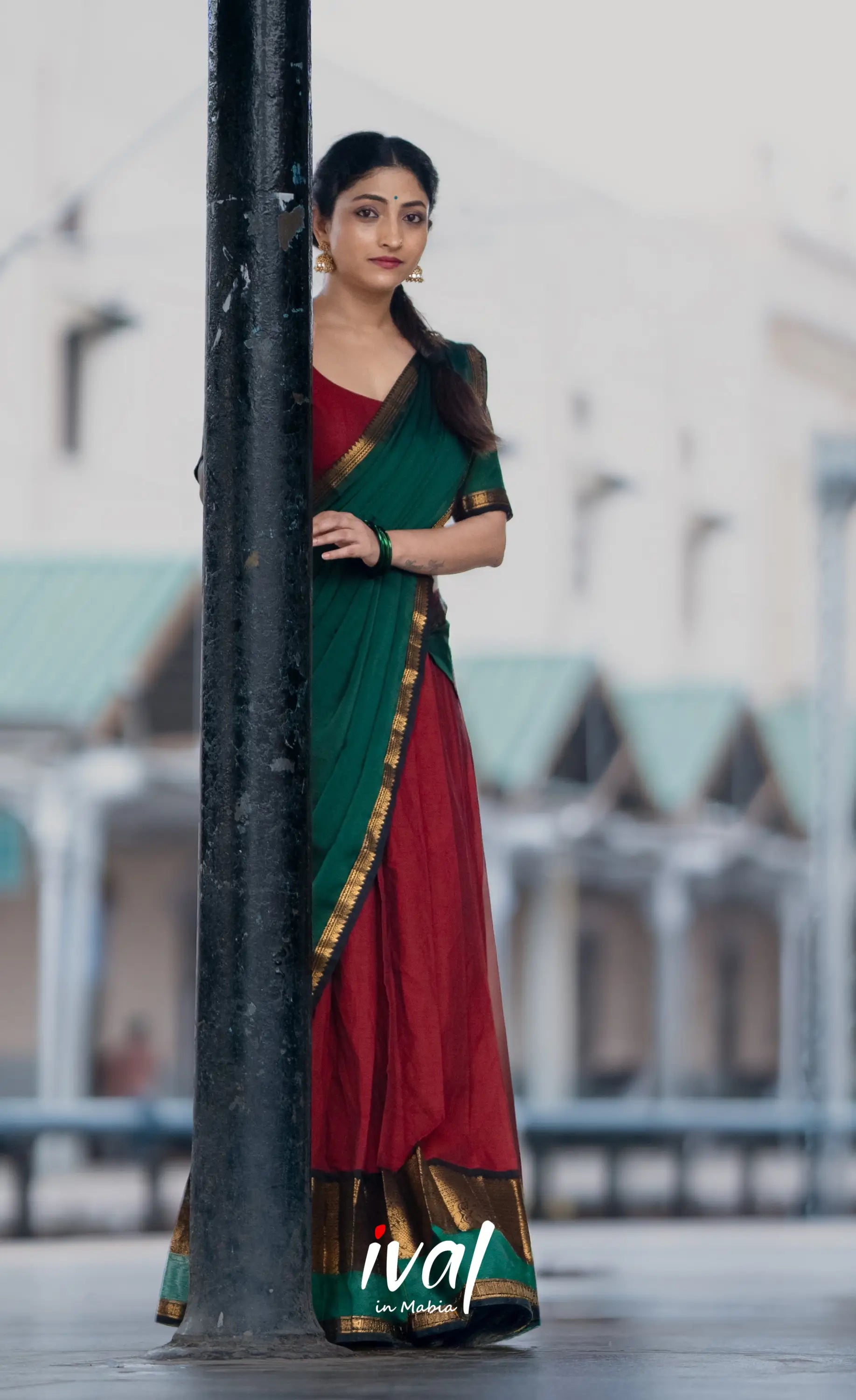 Padmaja Cotton Half Saree - Reddish maroon and Bottle green - Half Sarees