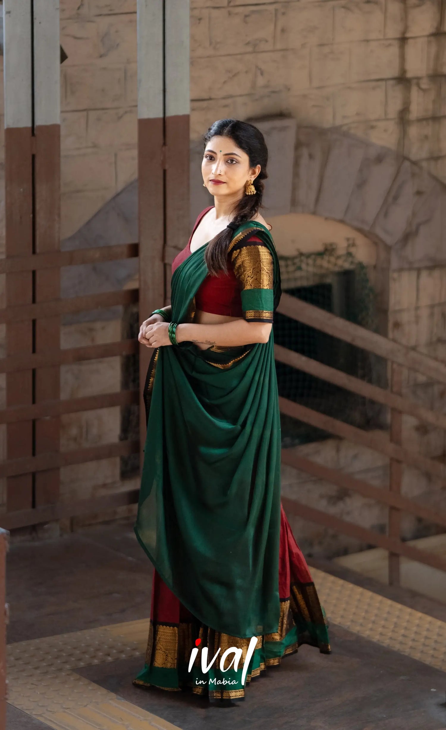 Padmaja Cotton Half Saree - Reddish maroon and Bottle green - Half Sarees