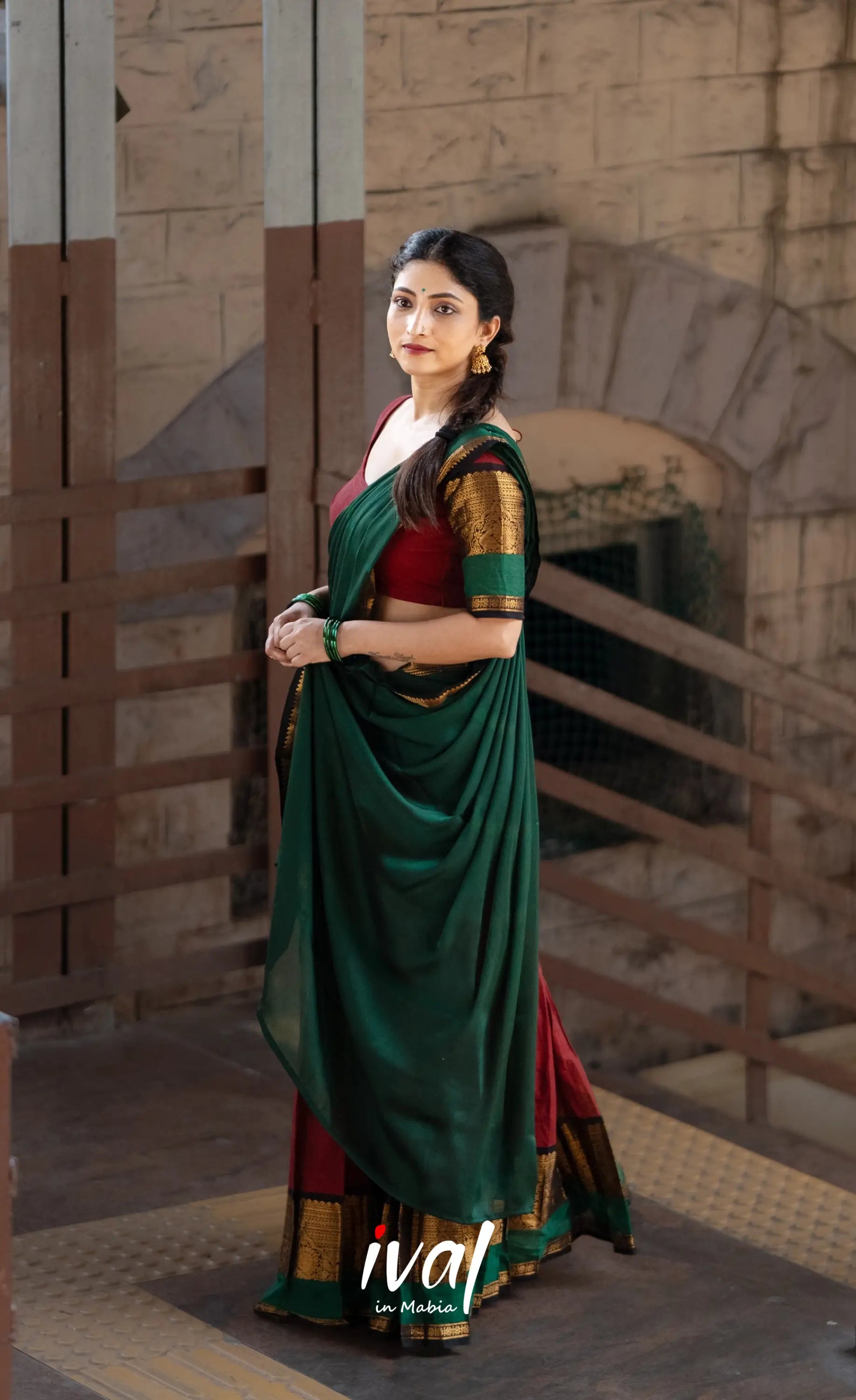 Padmaja Cotton Half Saree - Reddish maroon and Bottle green - Half Sarees