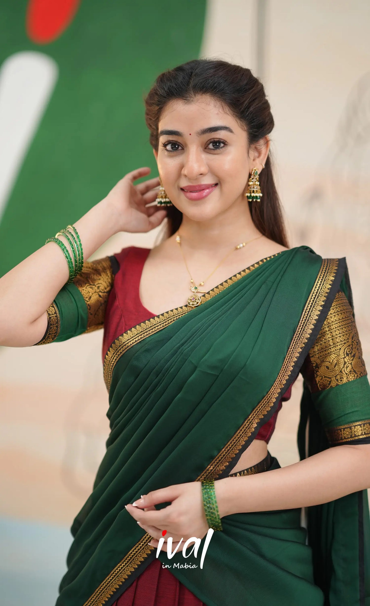 Padmaja Cotton Half Saree - Reddish maroon and Bottle green - Half Sarees