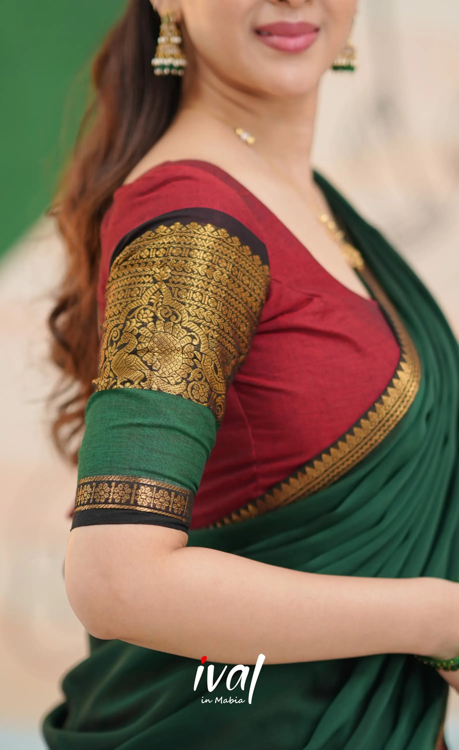 Padmaja Cotton Half Saree - Reddish maroon and Bottle green - Half Sarees