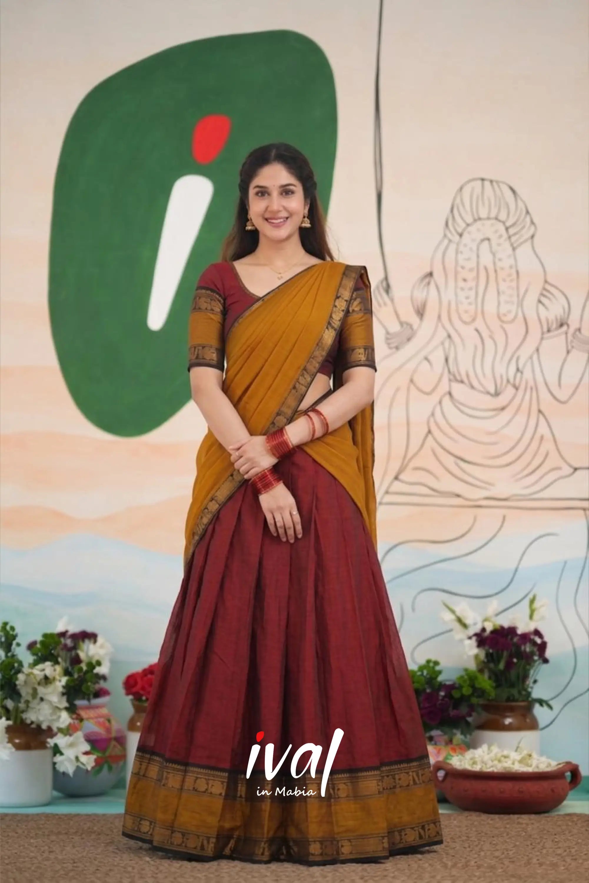 Padmaja Cotton Half Saree - Reddish maroon and Mustard yellow - Half Sarees