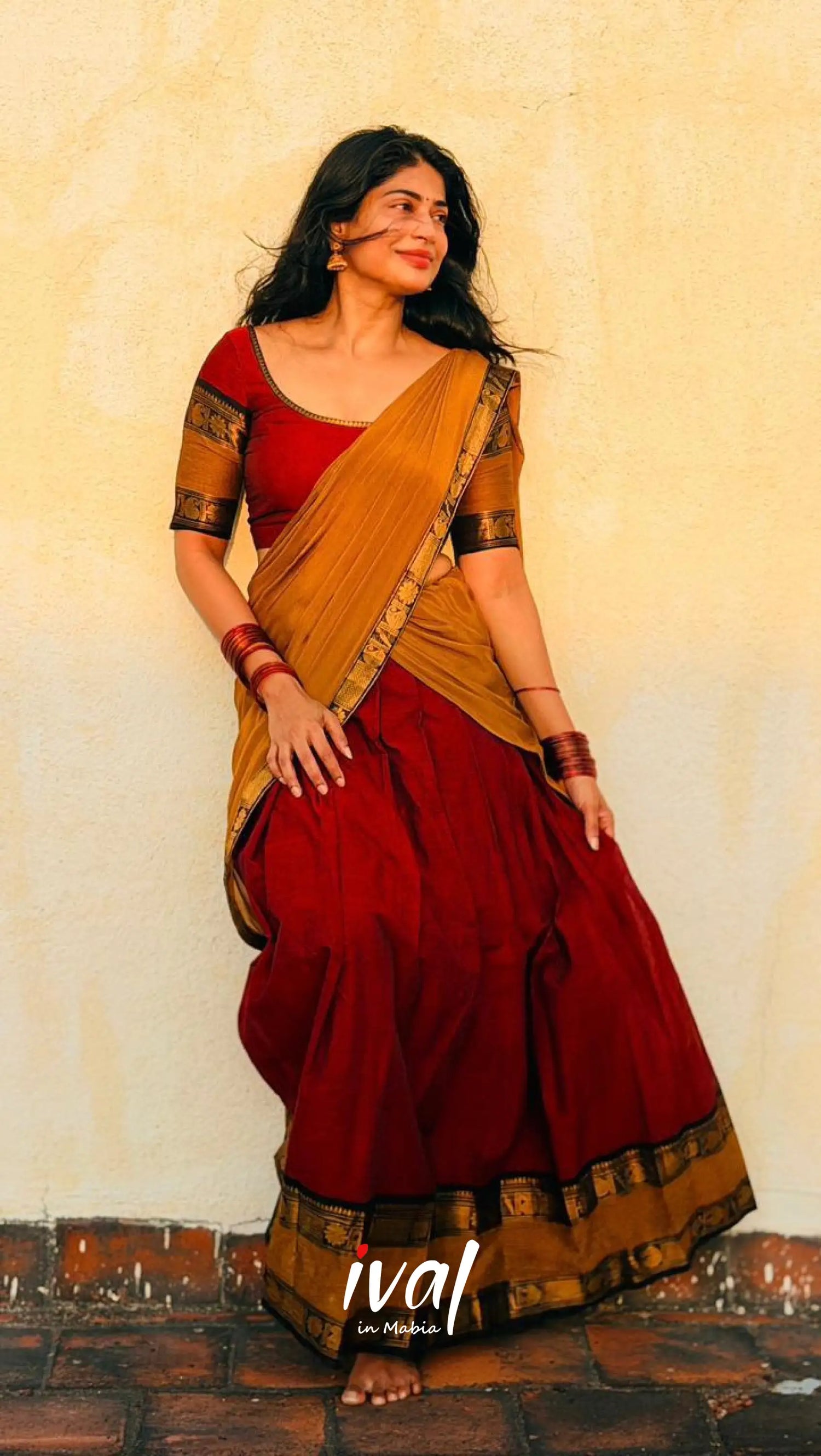 Padmaja Cotton Half Saree - Reddish maroon and Mustard yellow - Half Sarees