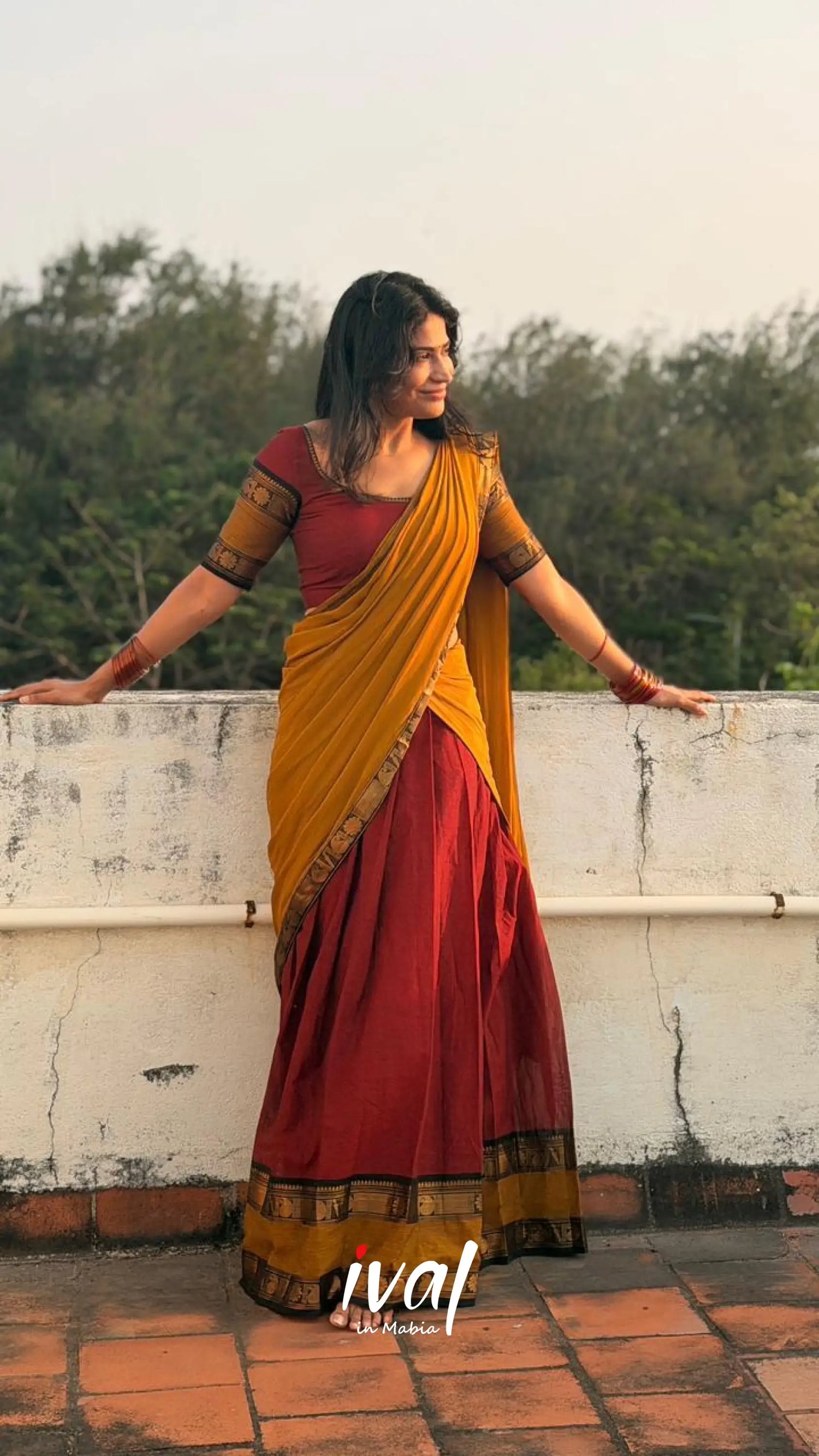 Padmaja Cotton Half Saree - Reddish maroon and Mustard yellow - Half Sarees