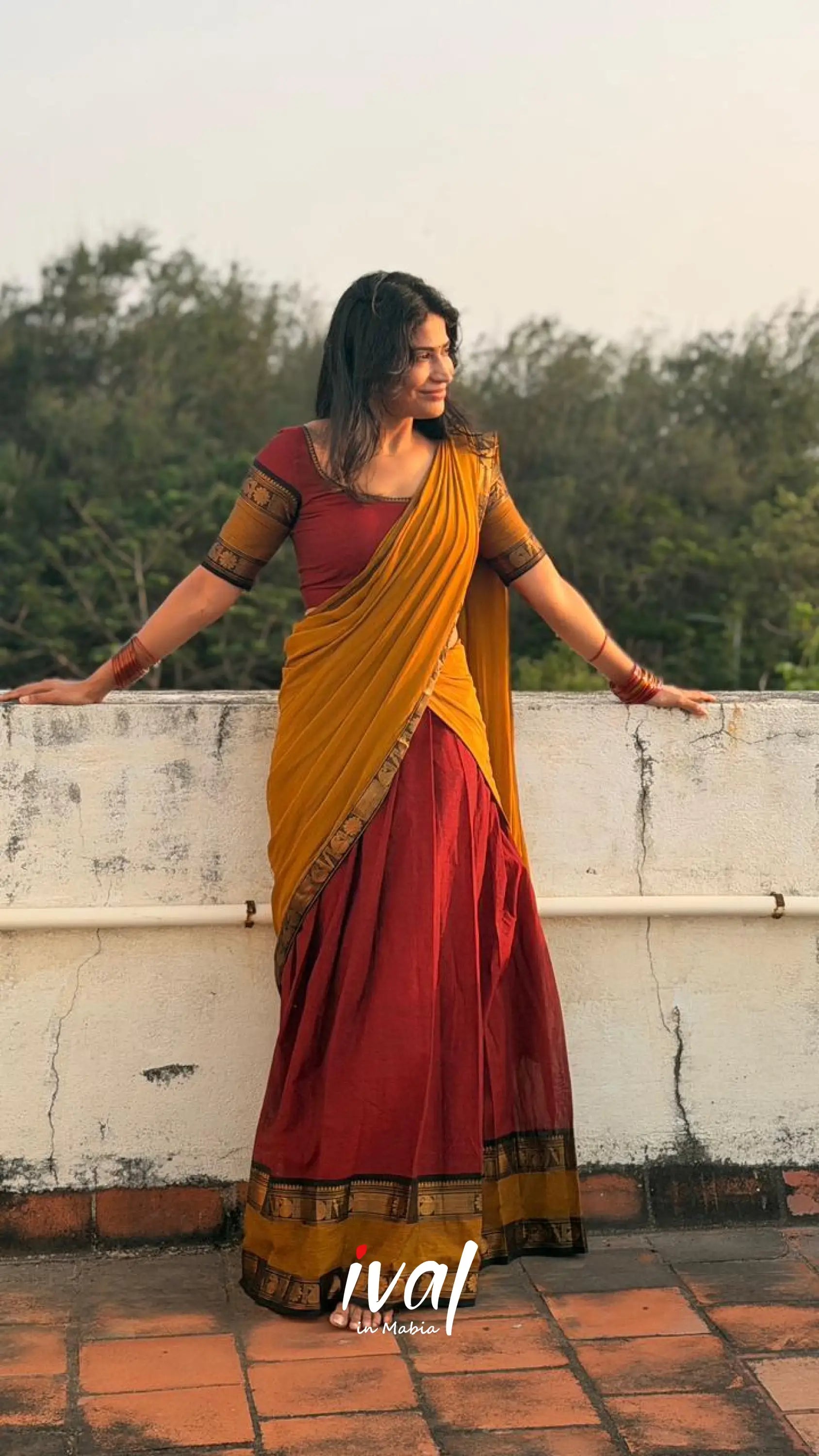 Padmaja Cotton Half Saree - Reddish maroon and Mustard yellow - Half Sarees