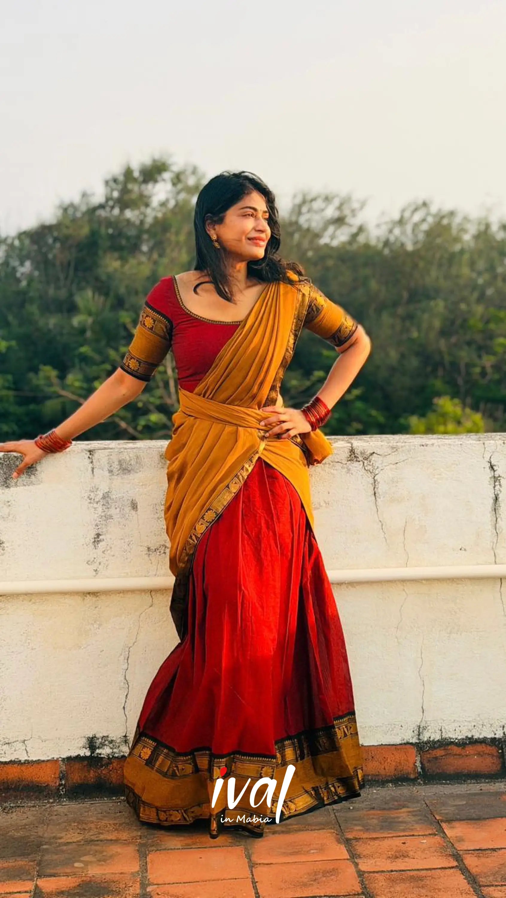 Padmaja Cotton Half Saree - Reddish maroon and Mustard yellow - Half Sarees