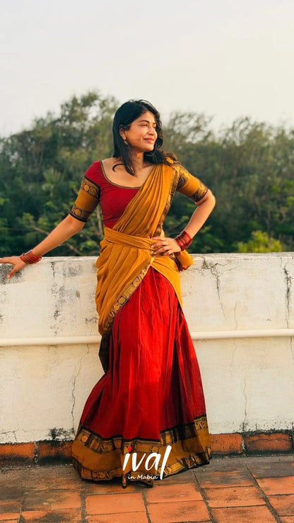 Padmaja Cotton Half Saree - Reddish maroon and Mustard yellow - Half Sarees