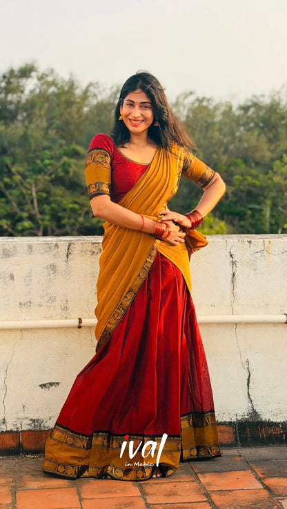 Padmaja Cotton Half Saree - Reddish maroon and Mustard yellow - Half Sarees