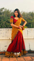 Padmaja Cotton Half Saree - Reddish maroon and Mustard yellow - Half Sarees