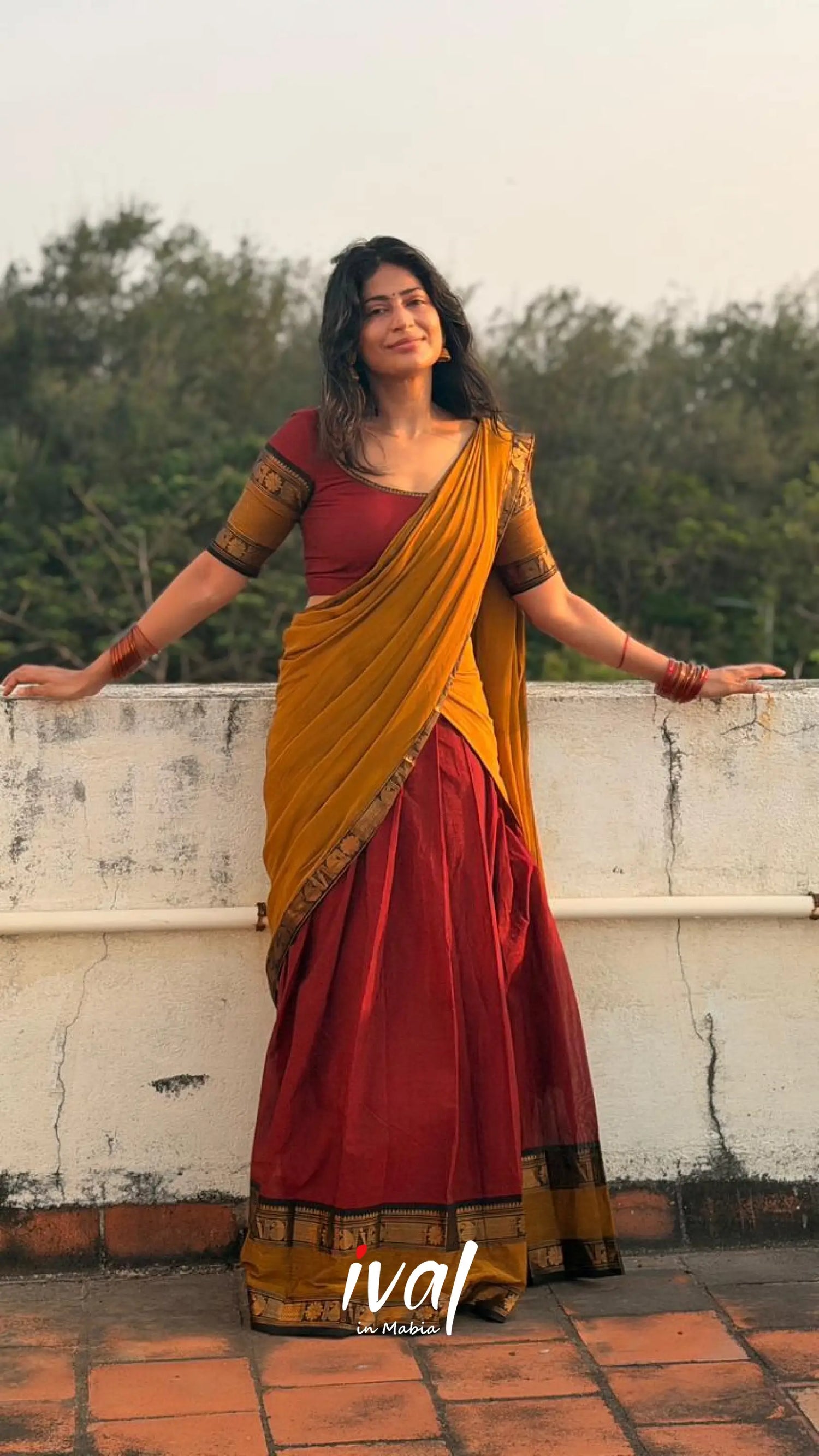 Padmaja Cotton Half Saree - Reddish maroon and Mustard yellow - Half Sarees