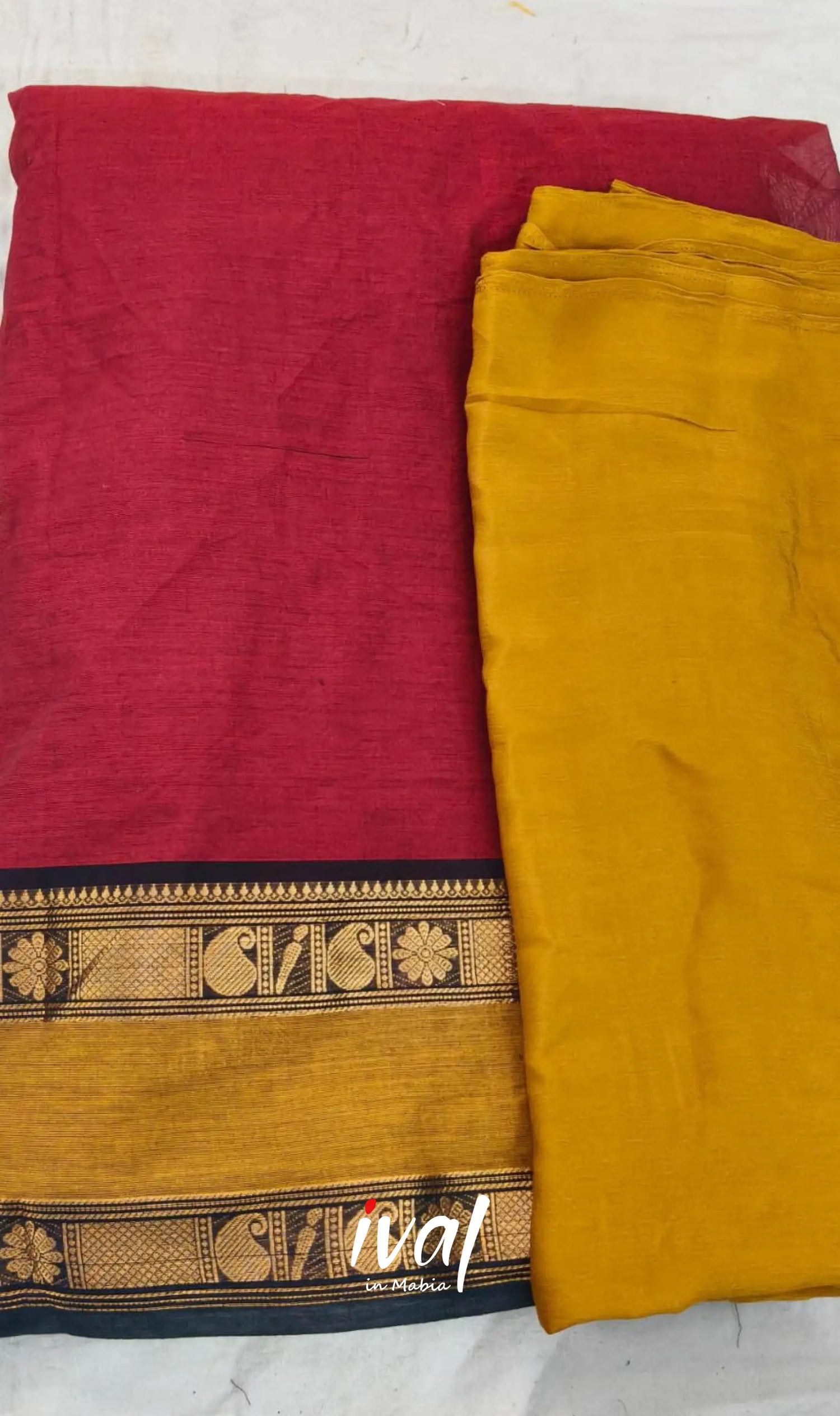 Padmaja Cotton Half Saree - Reddish maroon and Mustard yellow - Half Sarees