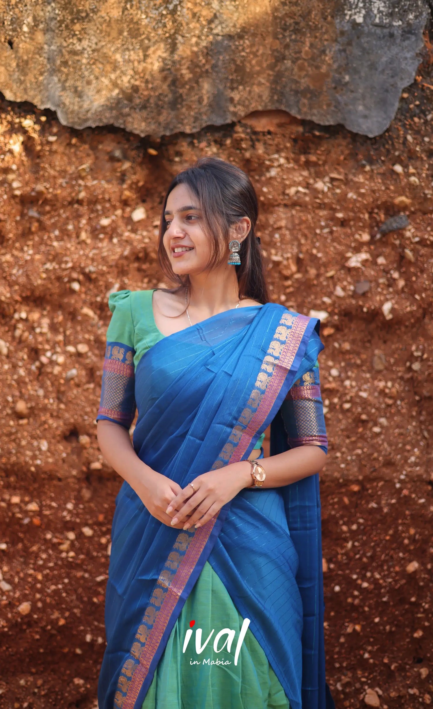 Padmaja Cotton Half Saree - Sea Green And Blue Sarees