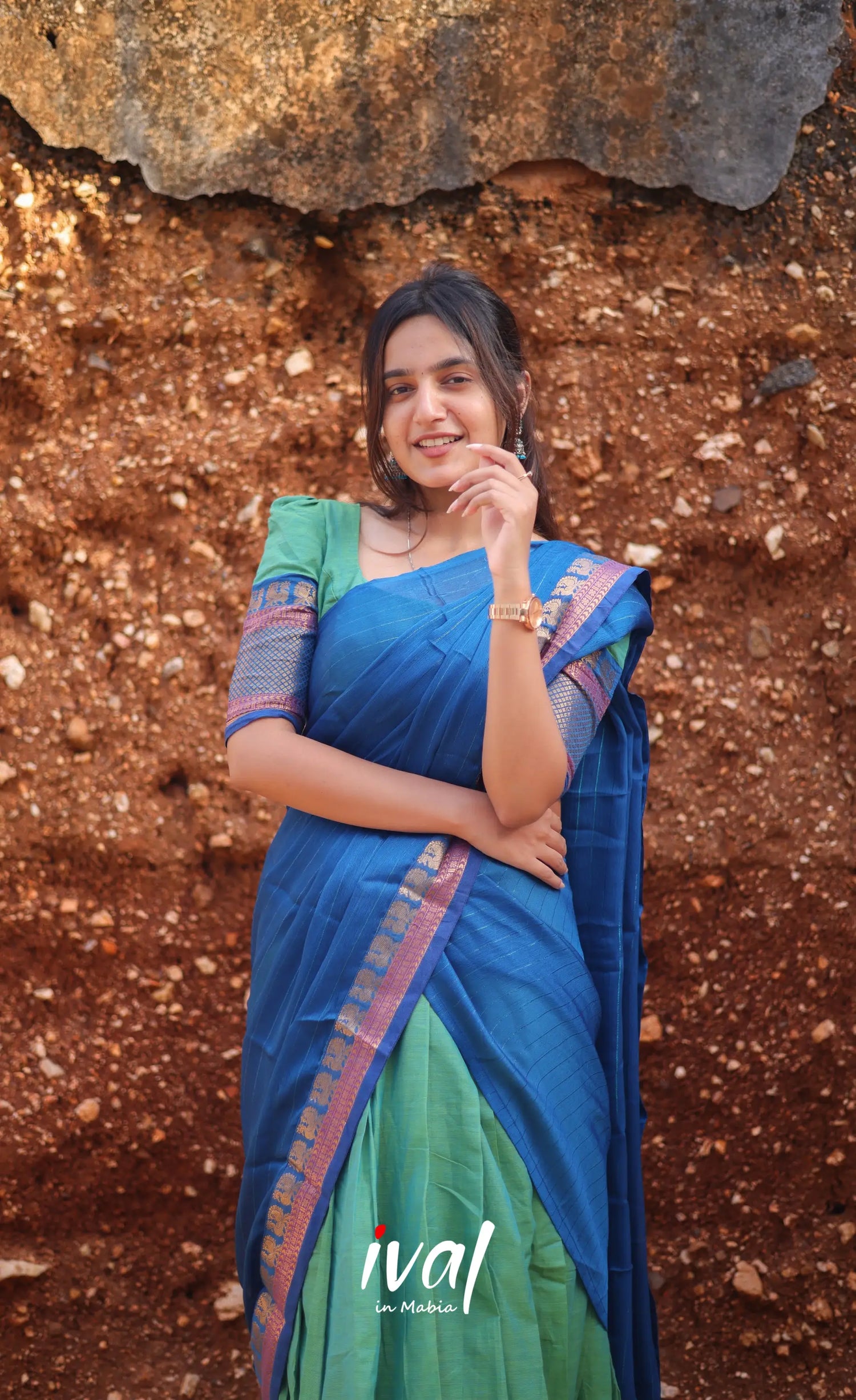 Padmaja Cotton Half Saree - Sea Green And Blue Sarees