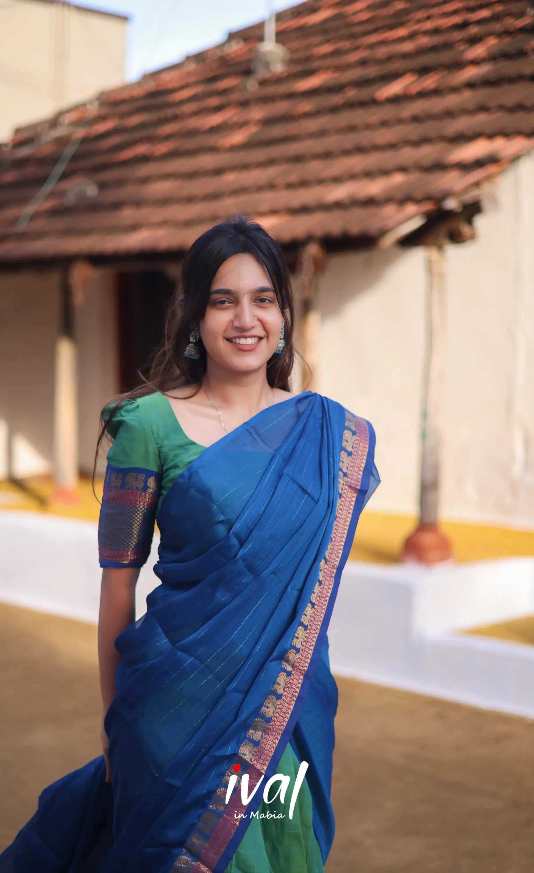 Padmaja Cotton Half Saree - Sea Green And Blue Sarees