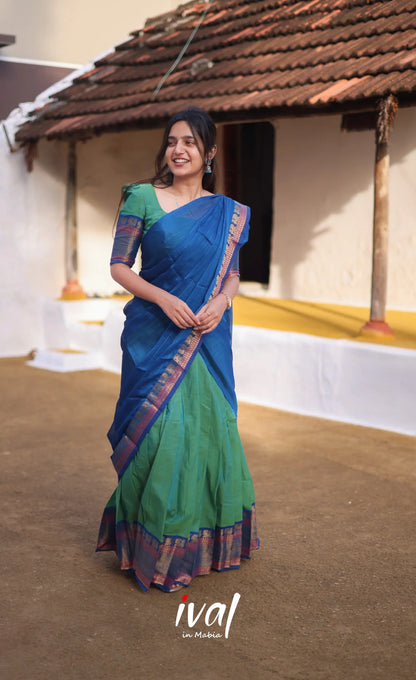 Padmaja Cotton Half Saree - Sea Green And Blue Sarees