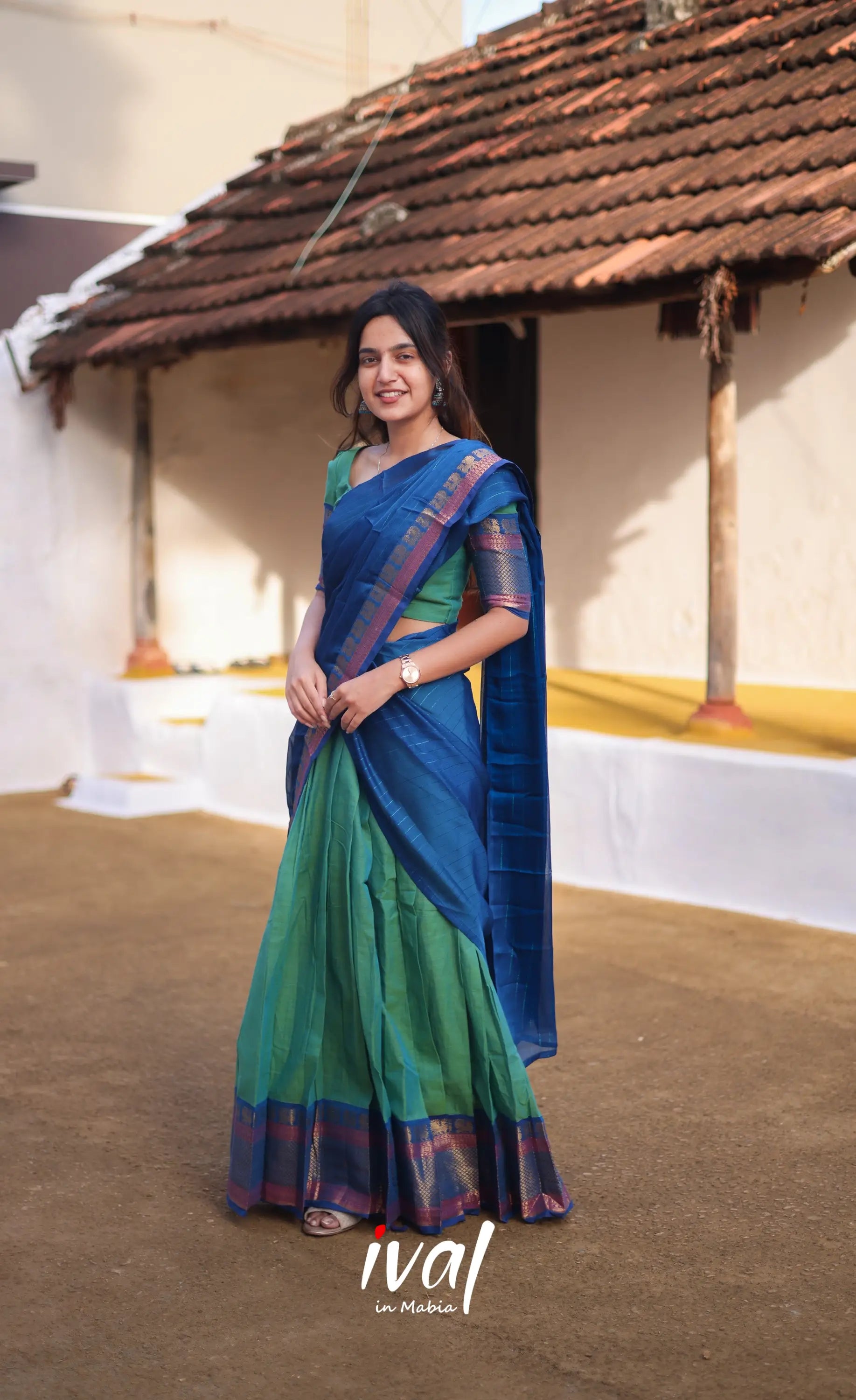 Padmaja Cotton Half Saree - Sea Green And Blue Sarees