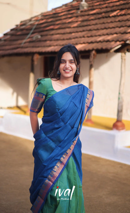 Padmaja Cotton Half Saree - Sea Green And Blue Sarees