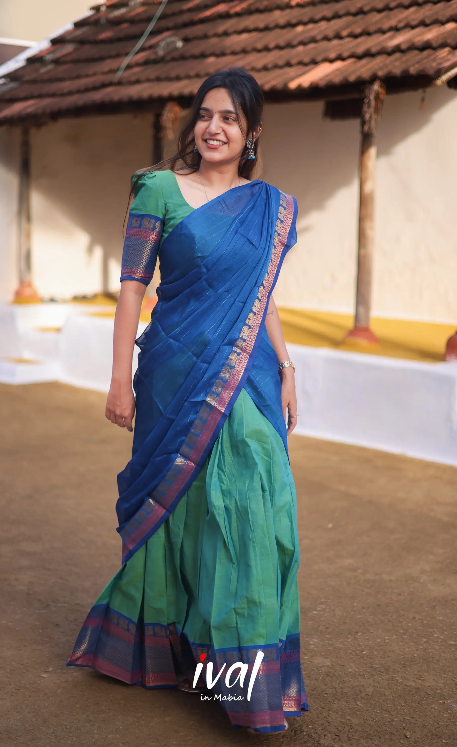 Padmaja Cotton Half Saree - Sea Green And Blue Sarees