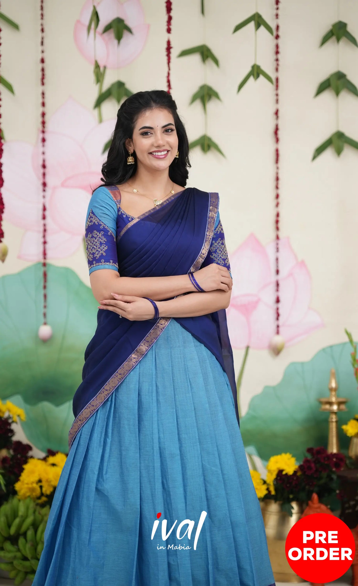 Padmaja Cotton Half Saree - Sky Blue and Dark Blue Half Sarees