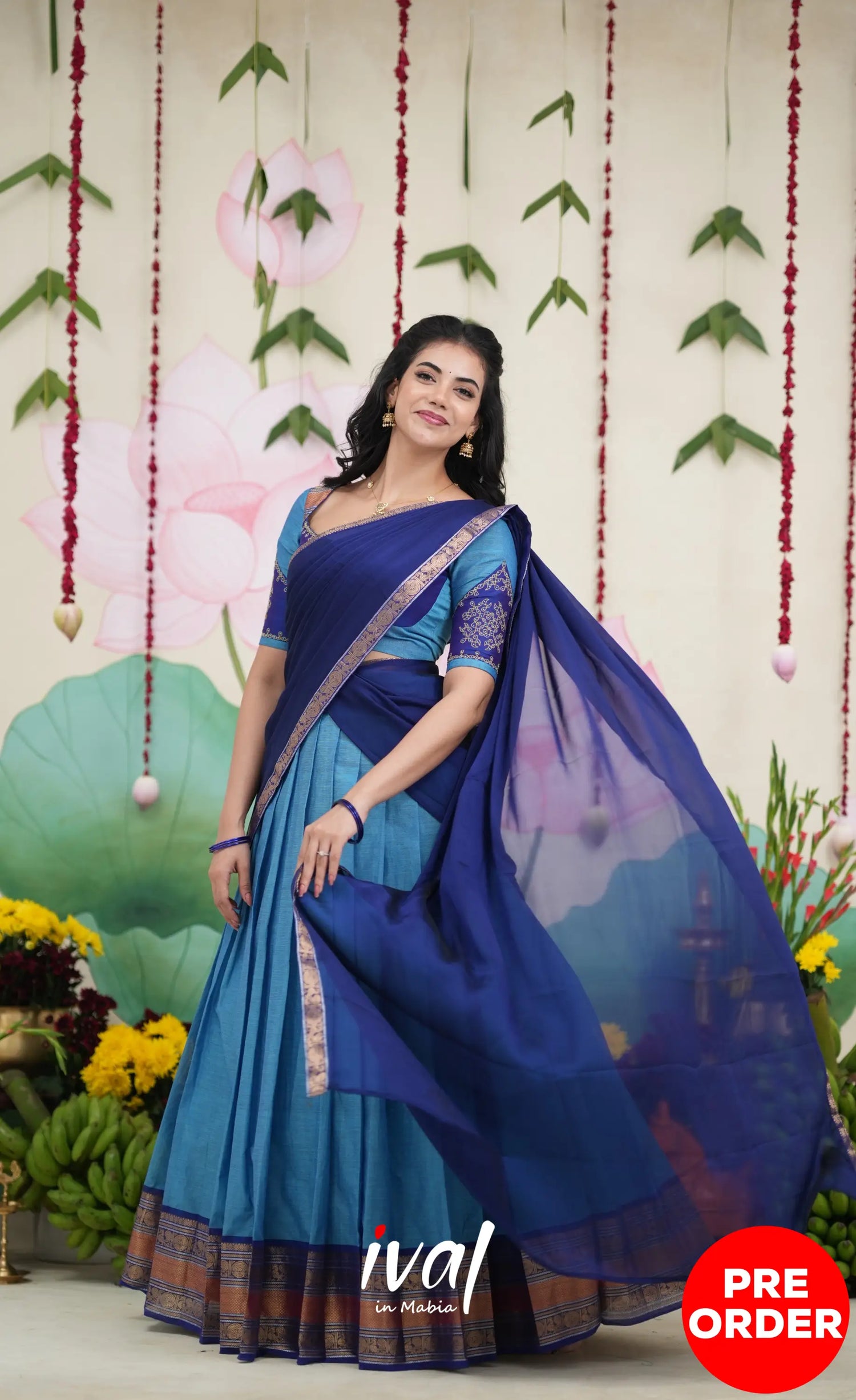 Padmaja Cotton Half Saree - Sky Blue and Dark Blue Half Sarees