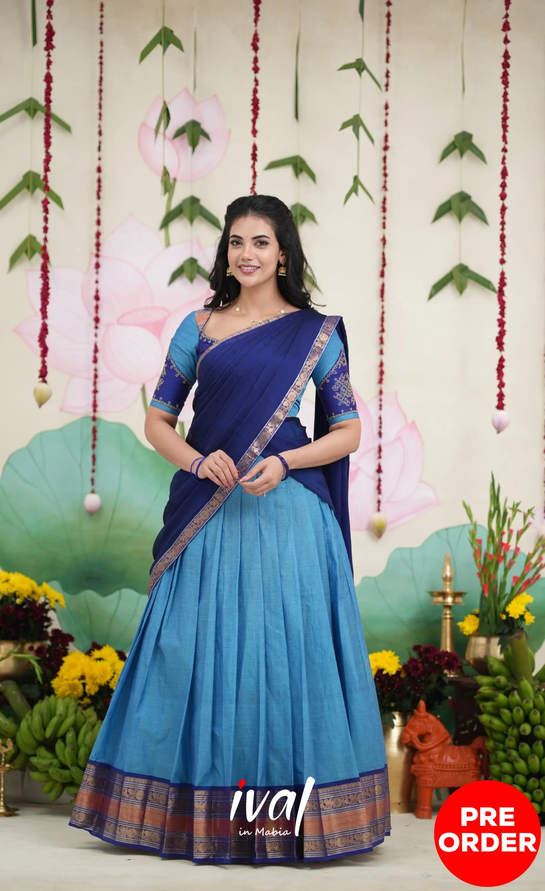 Padmaja Cotton Half Saree - Sky Blue and Dark Blue Half Sarees