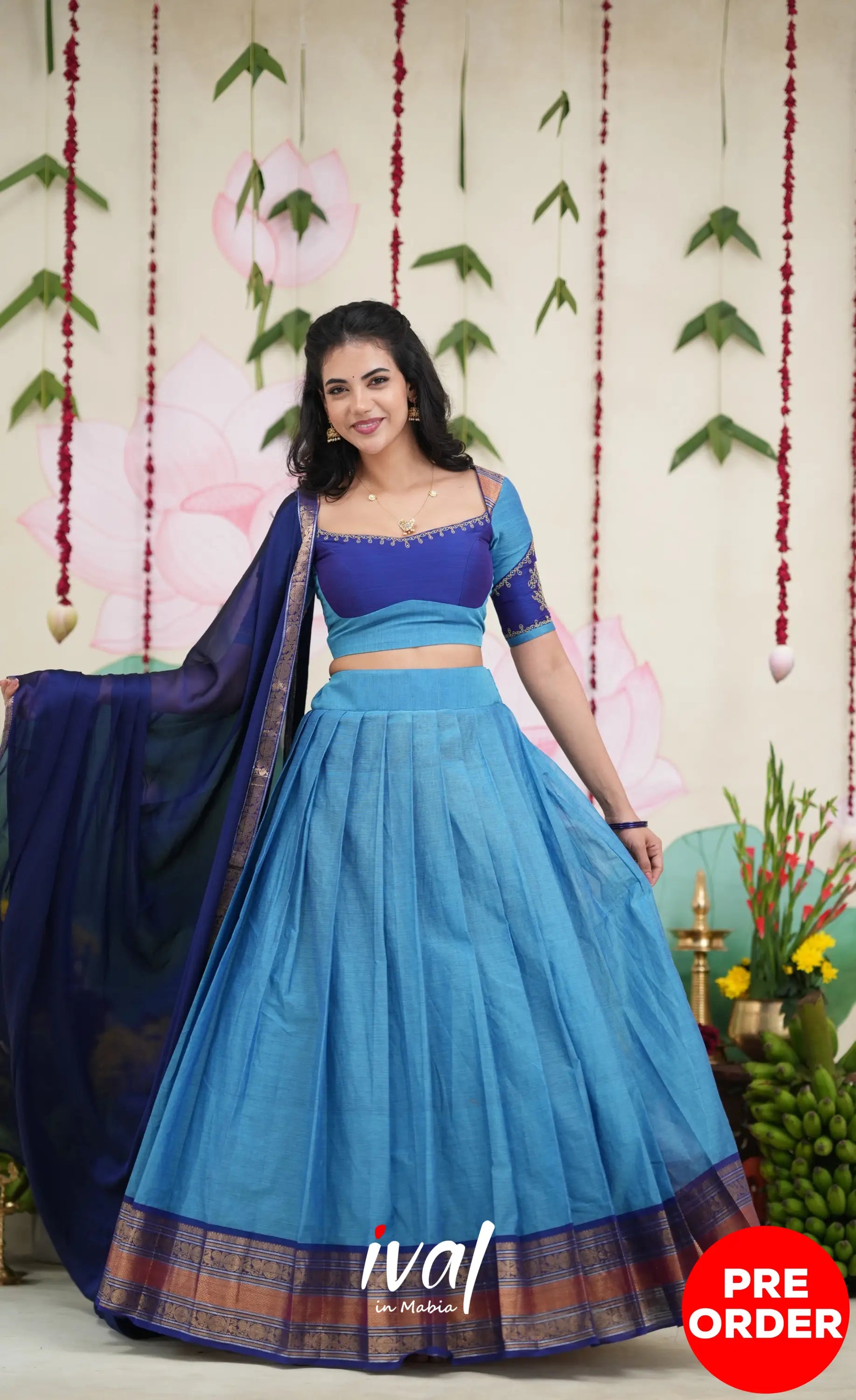 Padmaja Cotton Half Saree - Sky Blue and Dark Blue Half Sarees