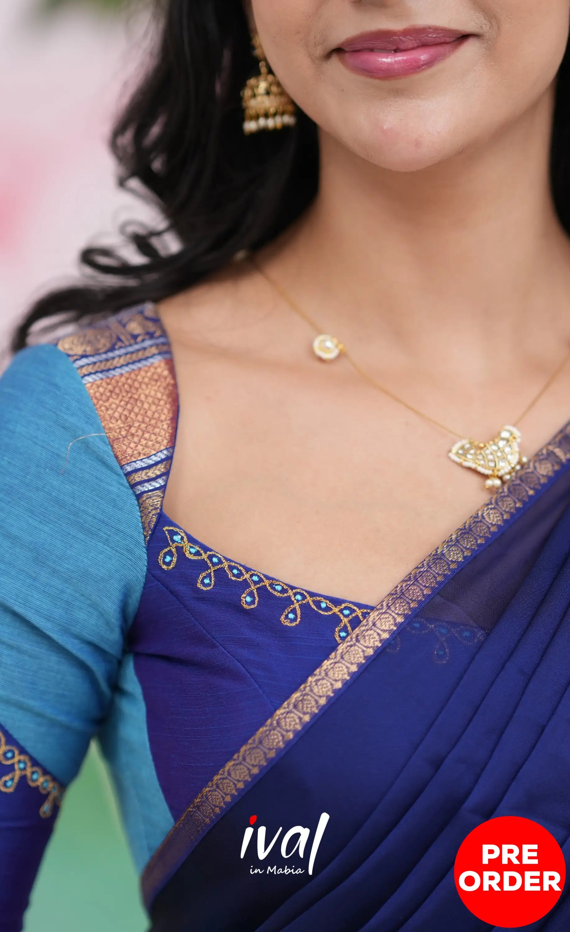 Padmaja Cotton Half Saree - Sky Blue and Dark Blue Half Sarees