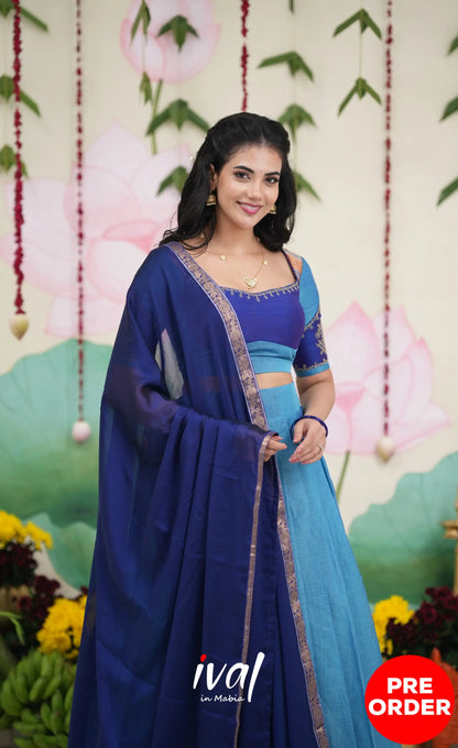 Padmaja Cotton Half Saree - Sky Blue and Dark Blue Half Sarees