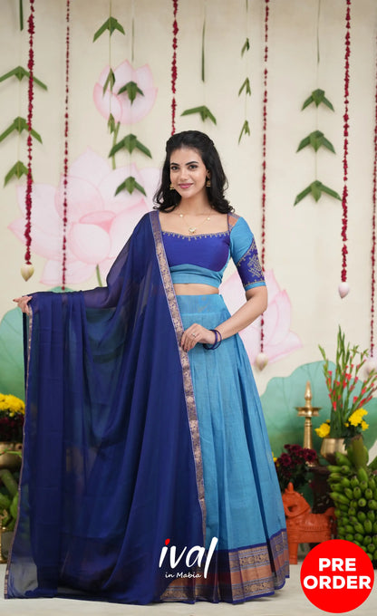 Padmaja Cotton Half Saree - Sky Blue and Dark Blue Half Sarees