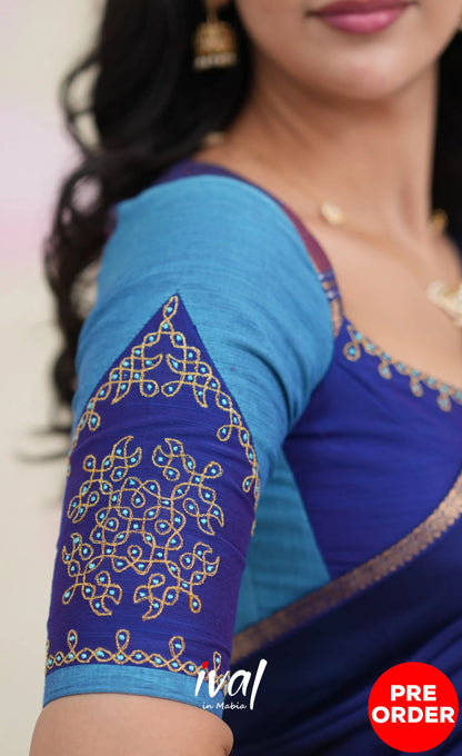 Padmaja Cotton Half Saree - Sky Blue and Dark Blue Half Sarees