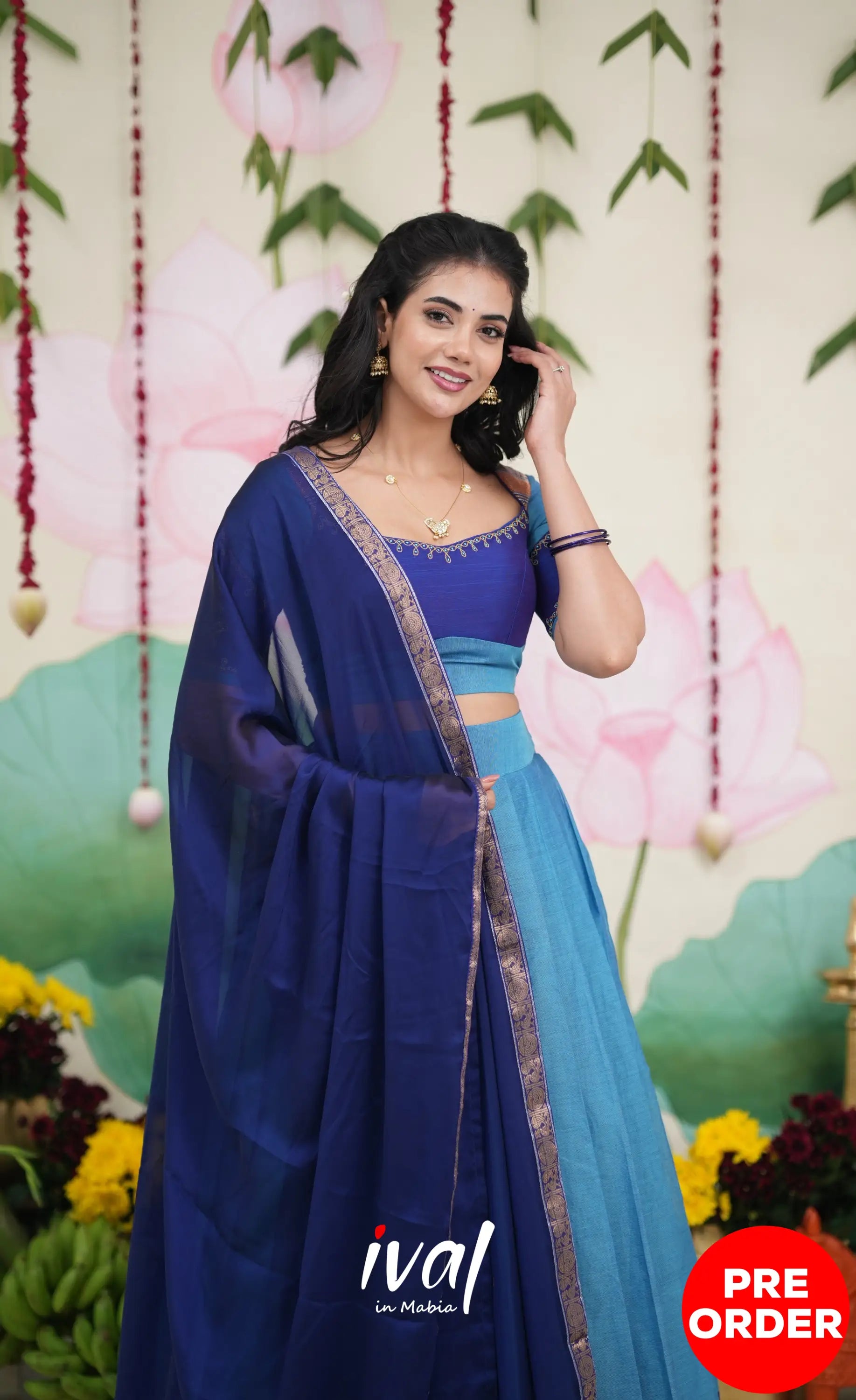 Padmaja Cotton Half Saree - Sky Blue and Dark Blue Half Sarees