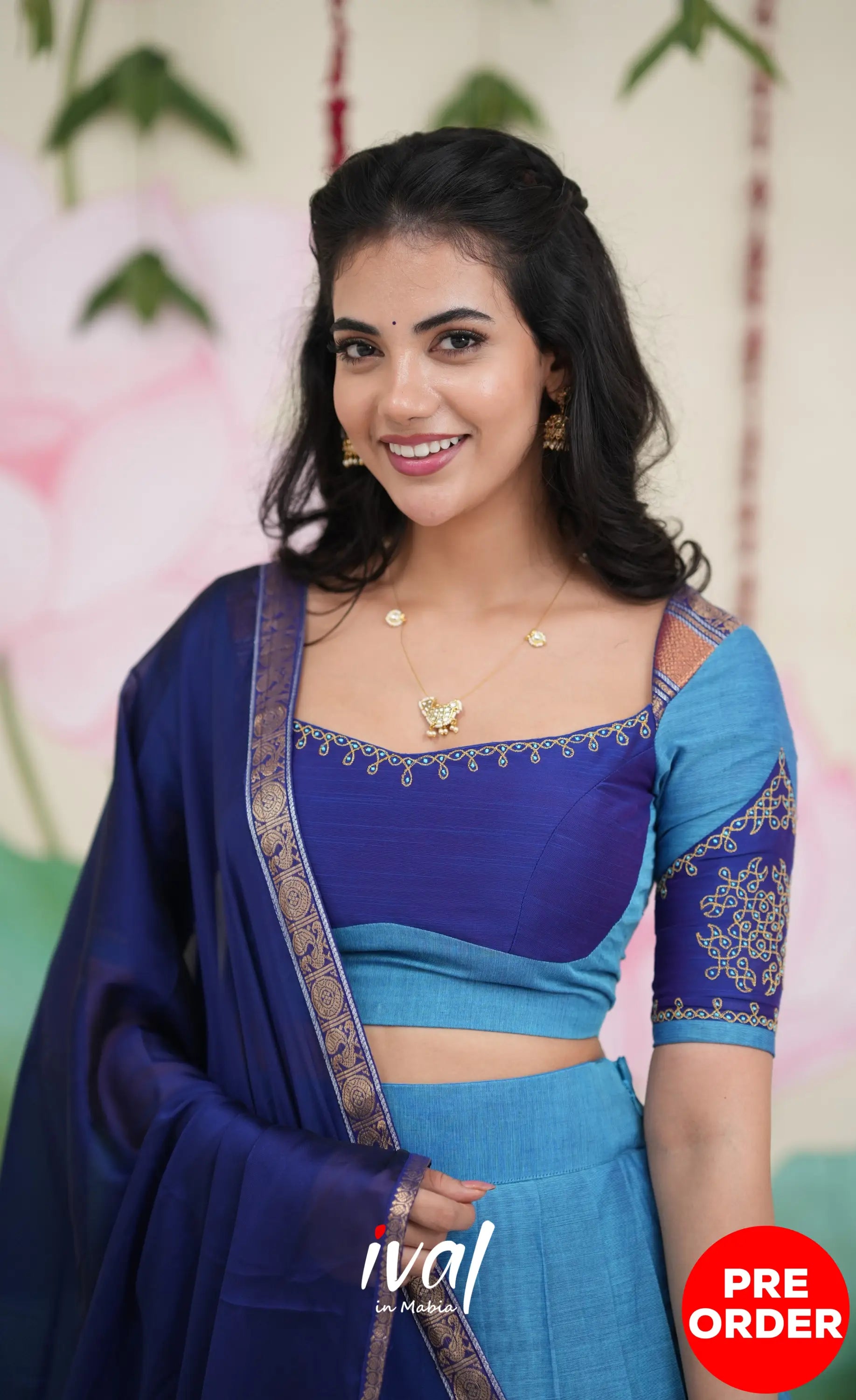 Padmaja Cotton Half Saree - Sky Blue and Dark Blue Half Sarees