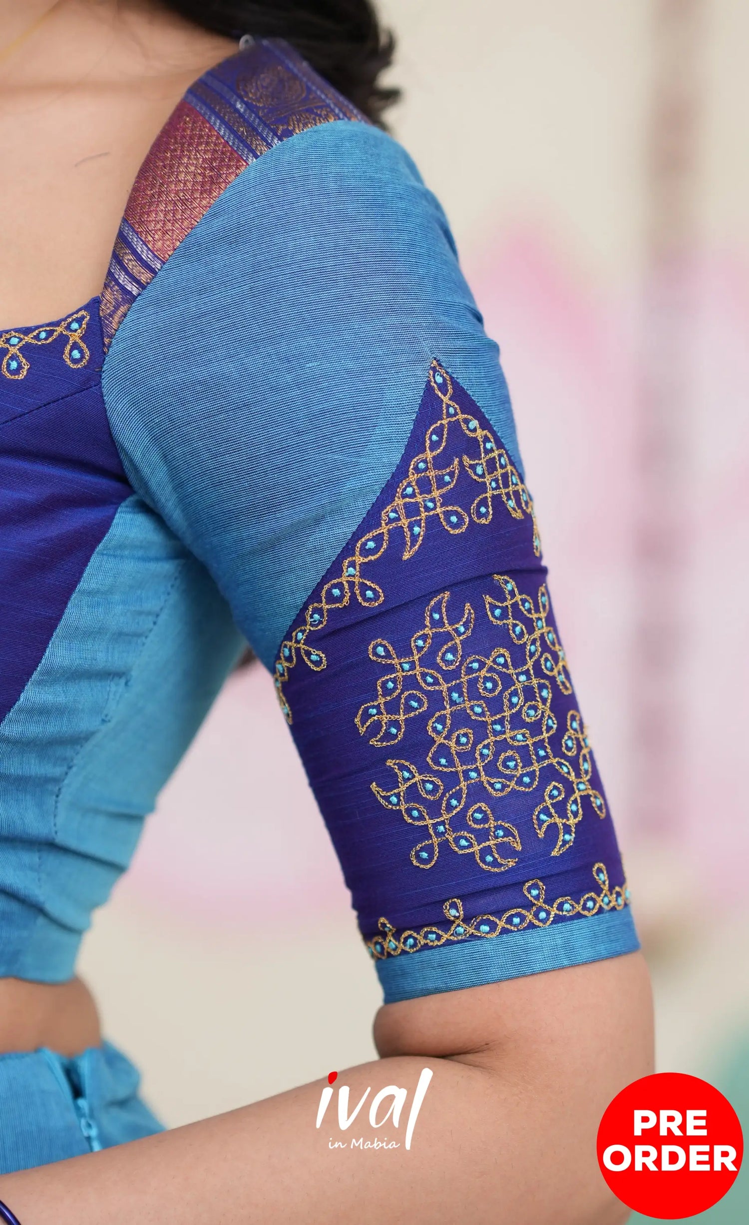 Padmaja Cotton Half Saree - Sky Blue and Dark Blue Half Sarees