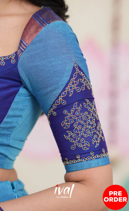 Padmaja Cotton Half Saree - Sky Blue and Dark Blue Half Sarees