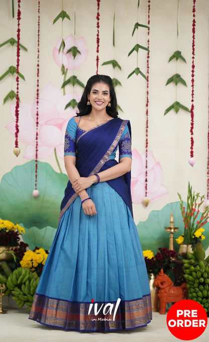 Padmaja Cotton Half Saree - Sky Blue and Dark Blue Half Sarees