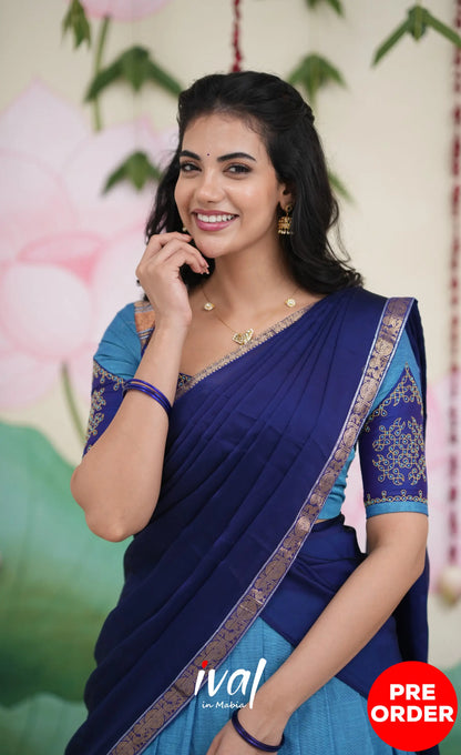 Padmaja Cotton Half Saree - Sky Blue and Dark Blue Half Sarees