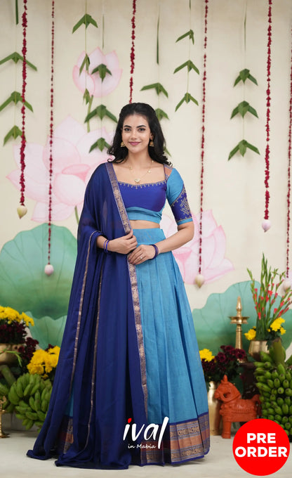 Padmaja Cotton Half Saree - Sky Blue and Dark Blue Half Sarees