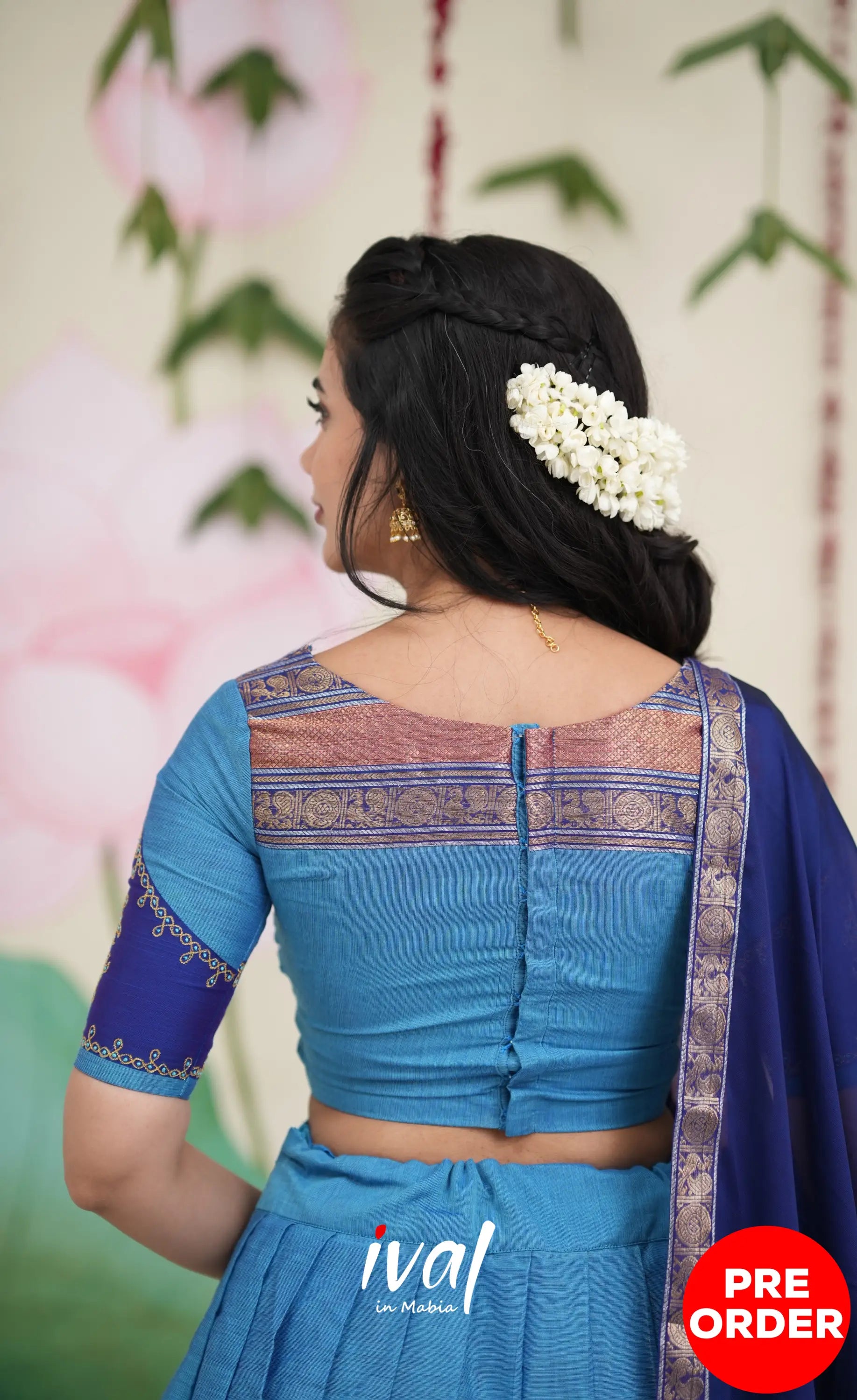 Padmaja Cotton Half Saree - Sky Blue and Dark Blue Half Sarees