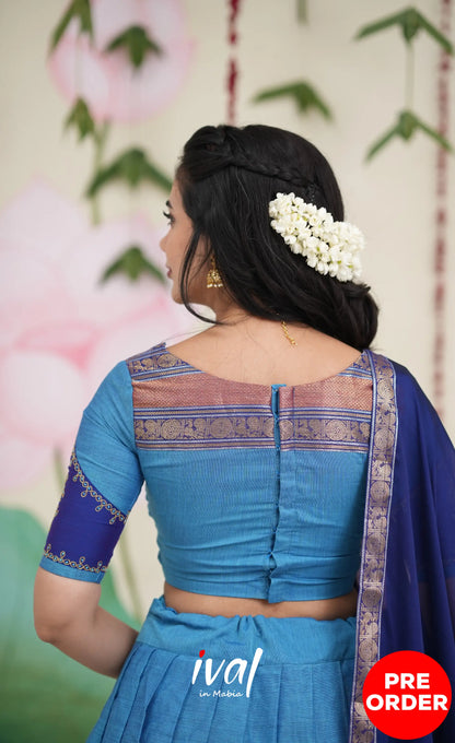 Padmaja Cotton Half Saree - Sky Blue and Dark Blue Half Sarees