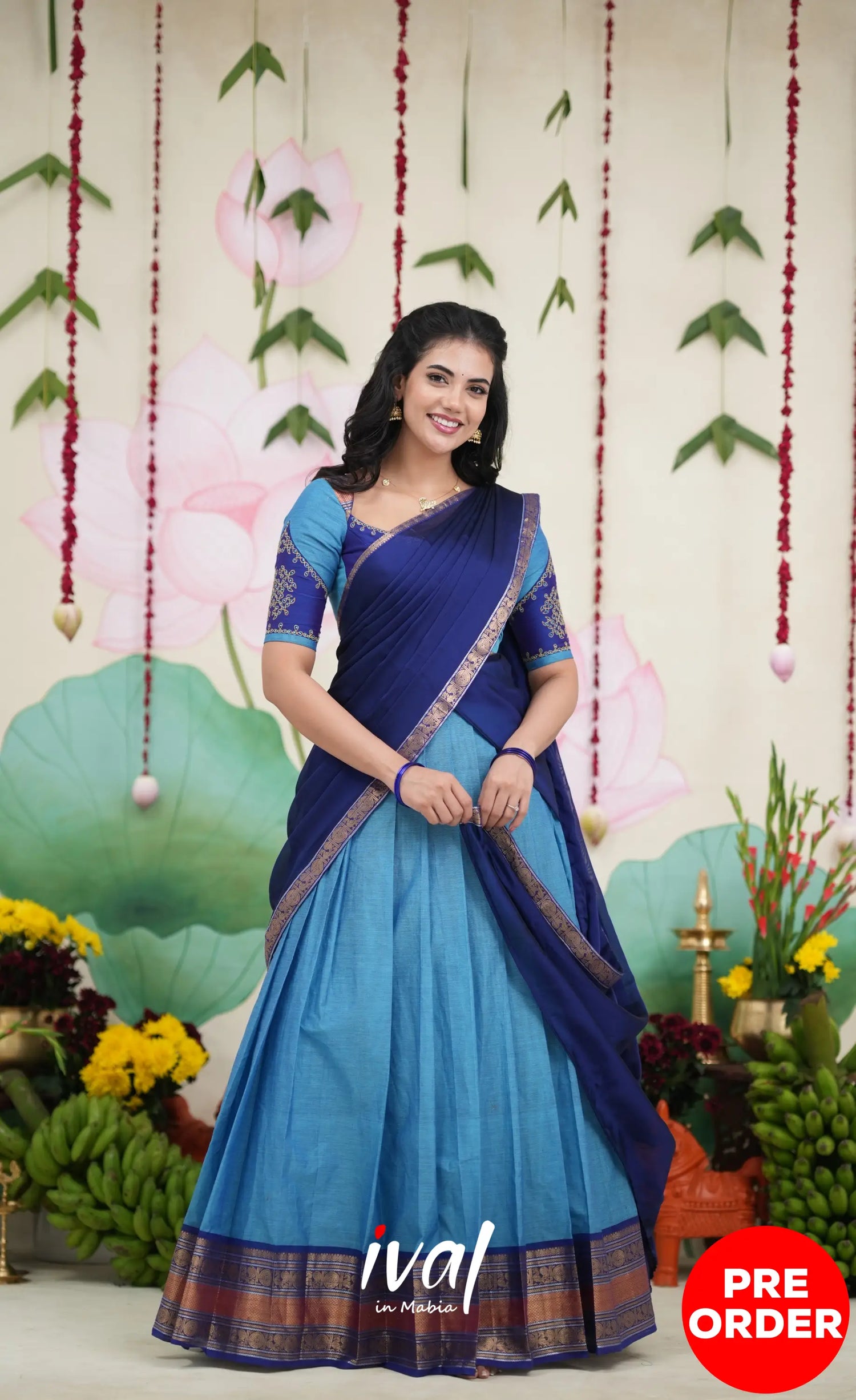 Padmaja Cotton Half Saree - Sky Blue and Dark Blue Half Sarees