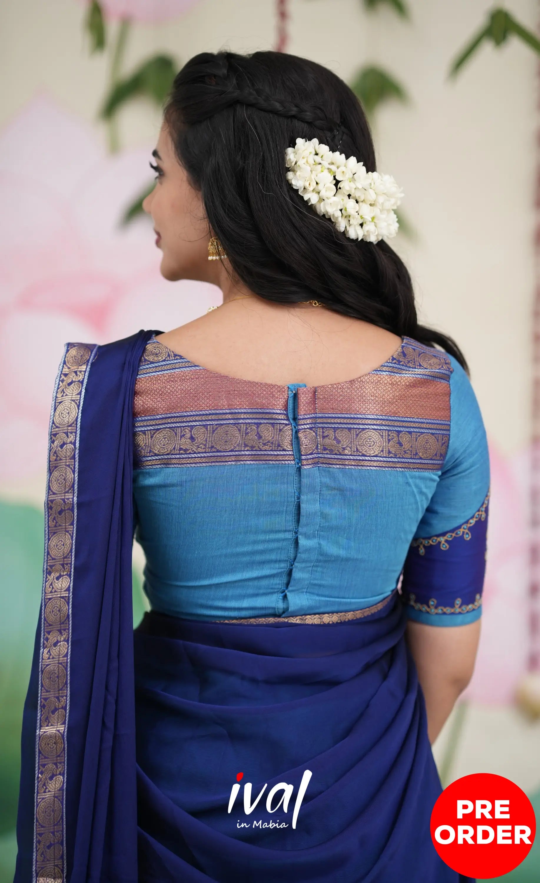 Padmaja Cotton Half Saree - Sky Blue and Dark Blue Half Sarees
