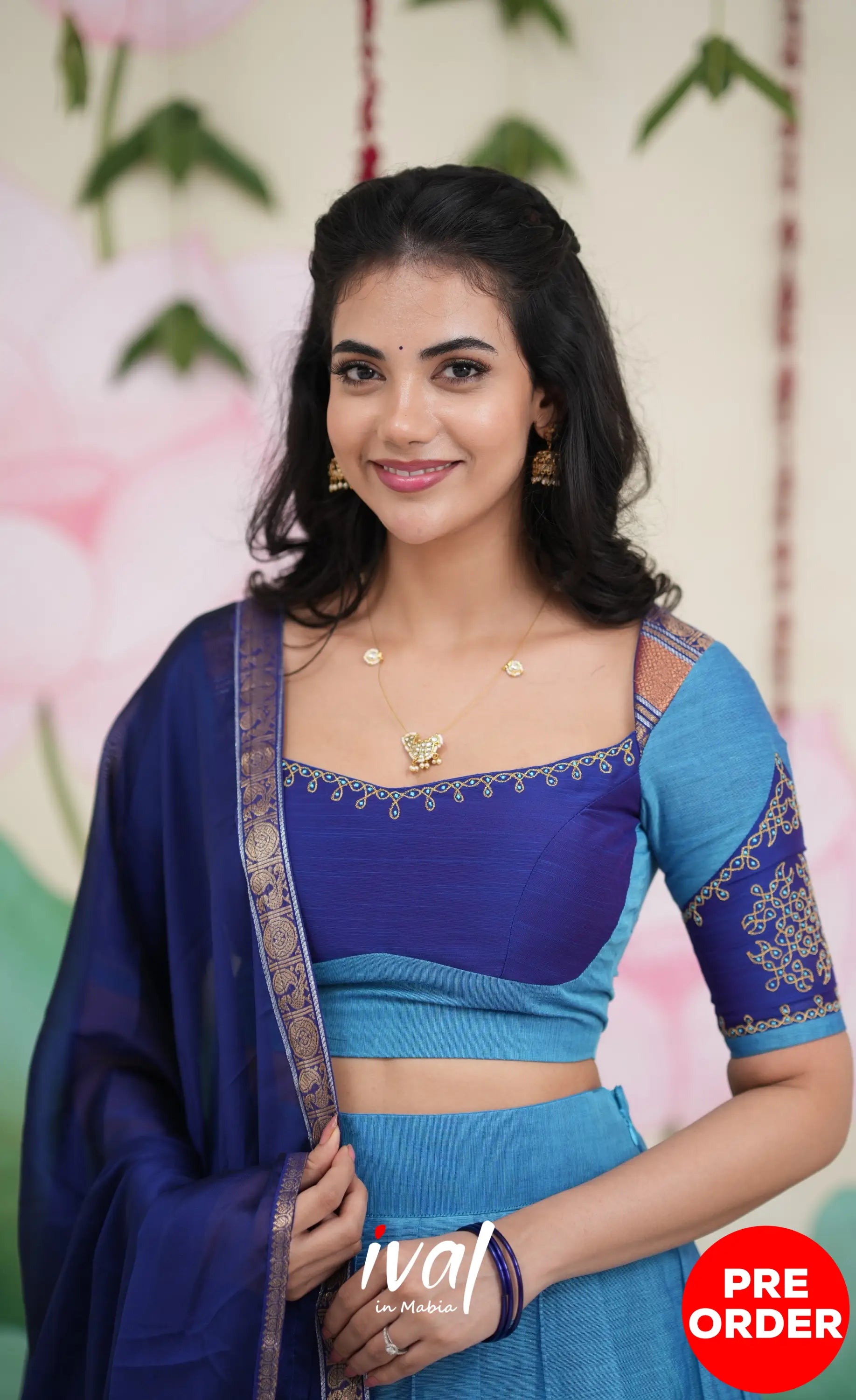 Padmaja Cotton Half Saree - Sky Blue and Dark Blue Half Sarees