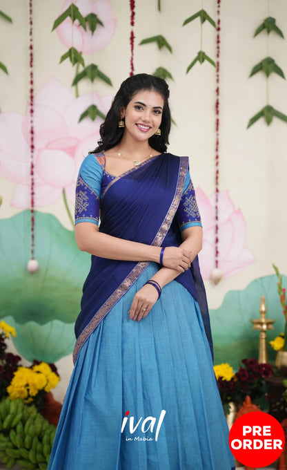 Padmaja Cotton Half Saree - Sky Blue and Dark Blue Half Sarees