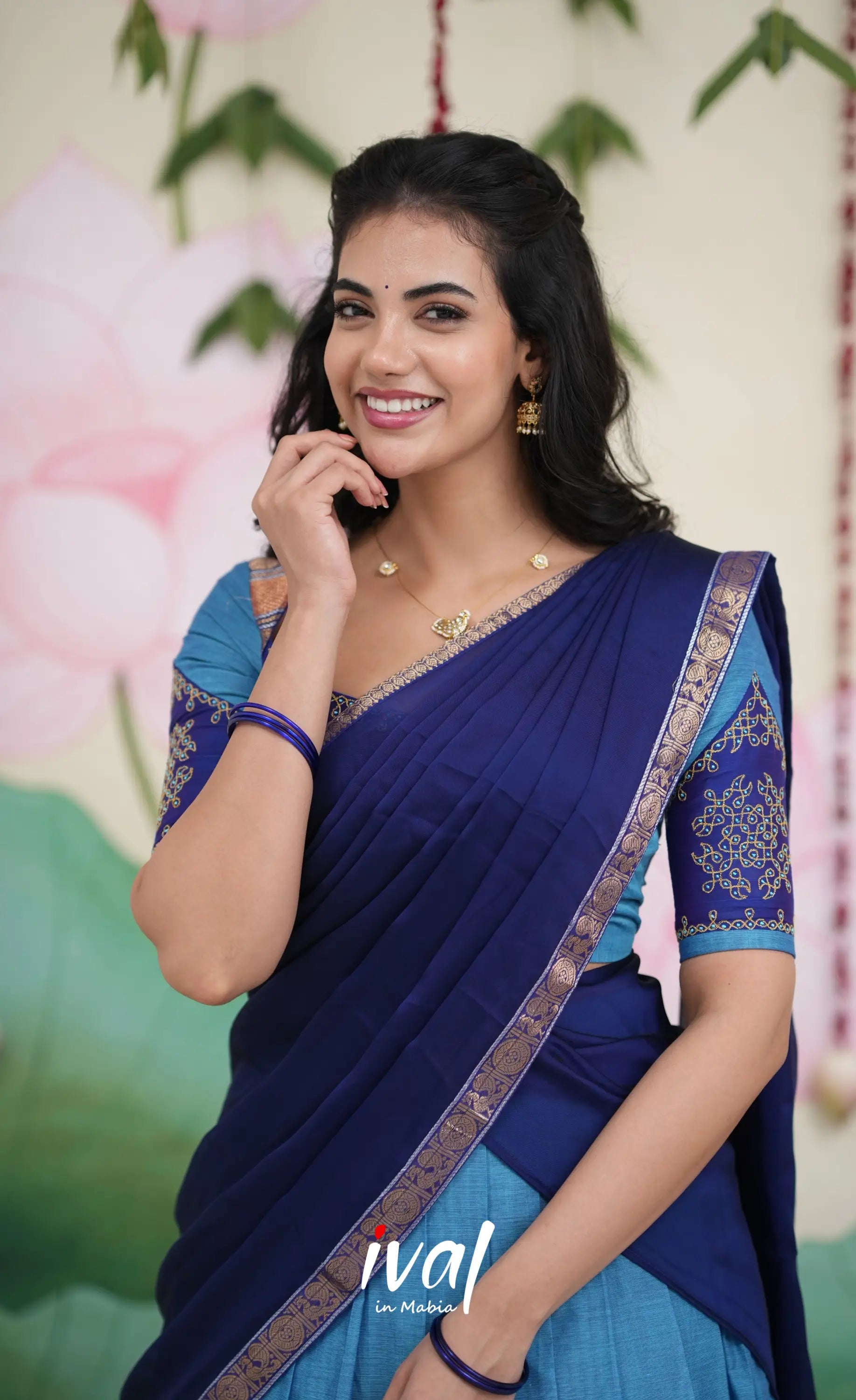 Padmaja Cotton Half Saree - Sky Blue and Dark Blue Half Sarees