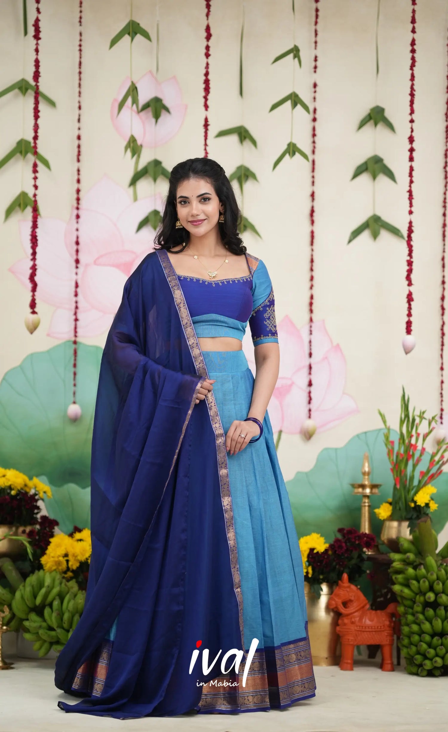 Padmaja Cotton Half Saree - Sky Blue and Dark Blue Half Sarees