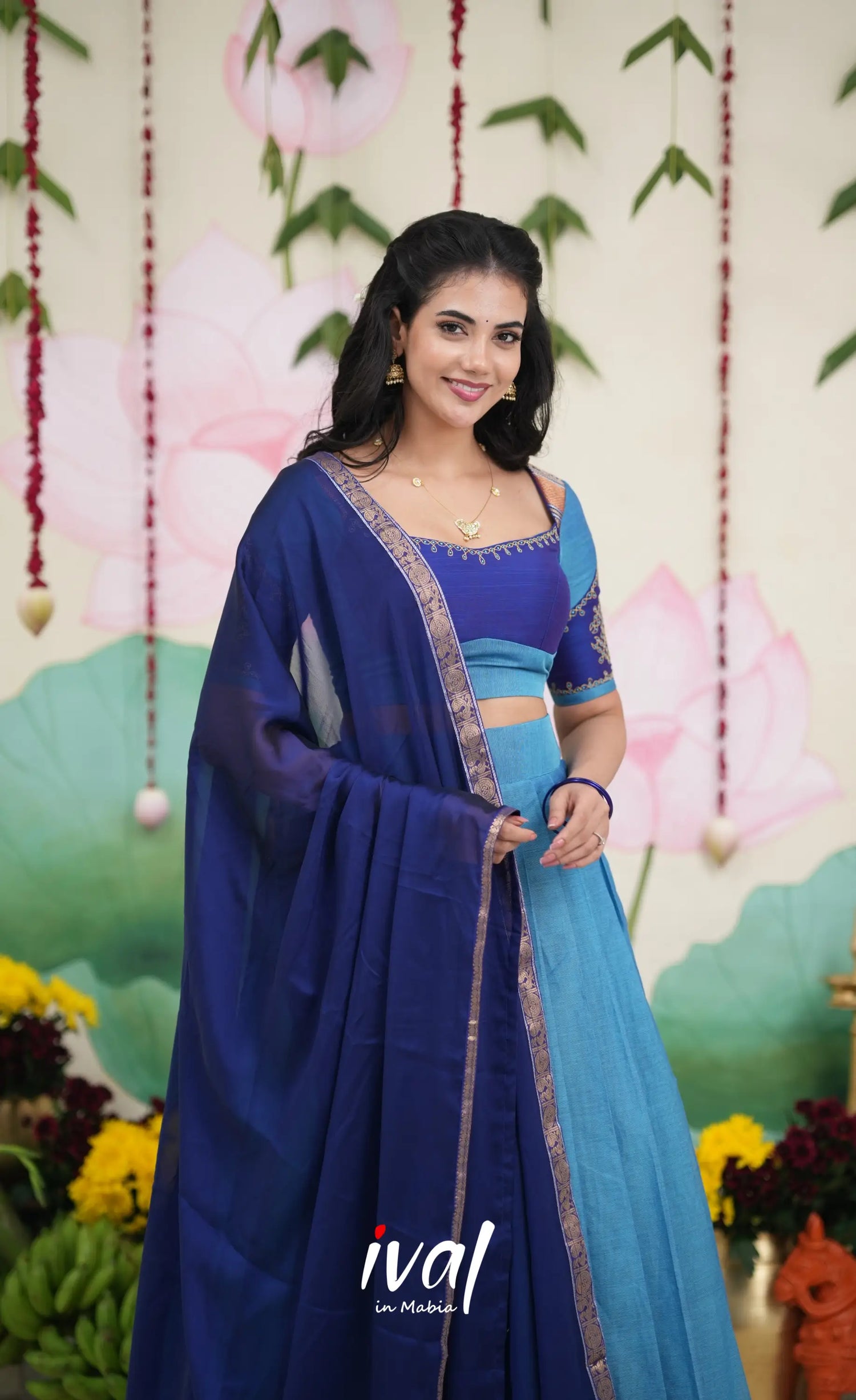 Padmaja Cotton Half Saree - Sky Blue and Dark Blue Half Sarees