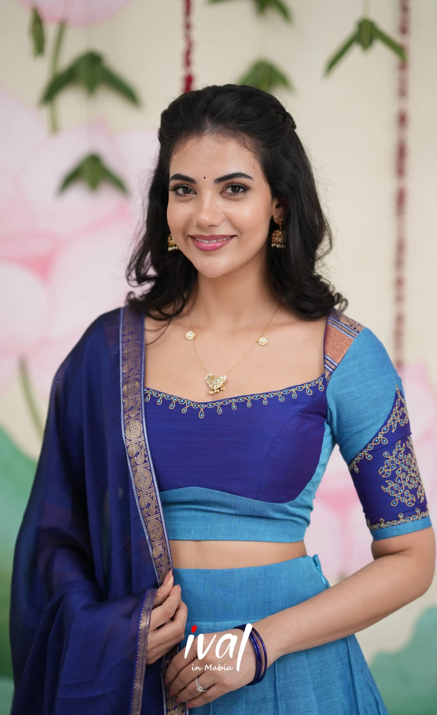 Padmaja Cotton Half Saree - Sky Blue and Dark Blue Half Sarees